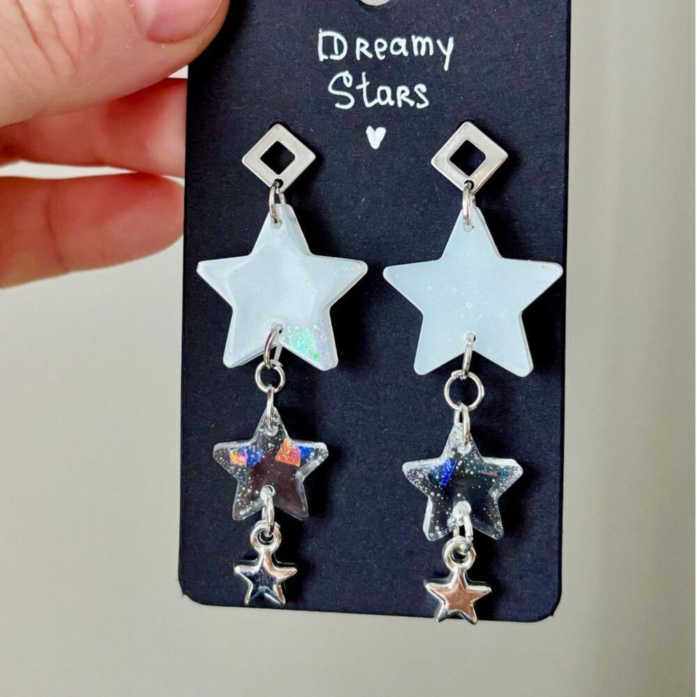 Star Resin Dangle Earrings with White Shimmer and Silver Celestial Charms
